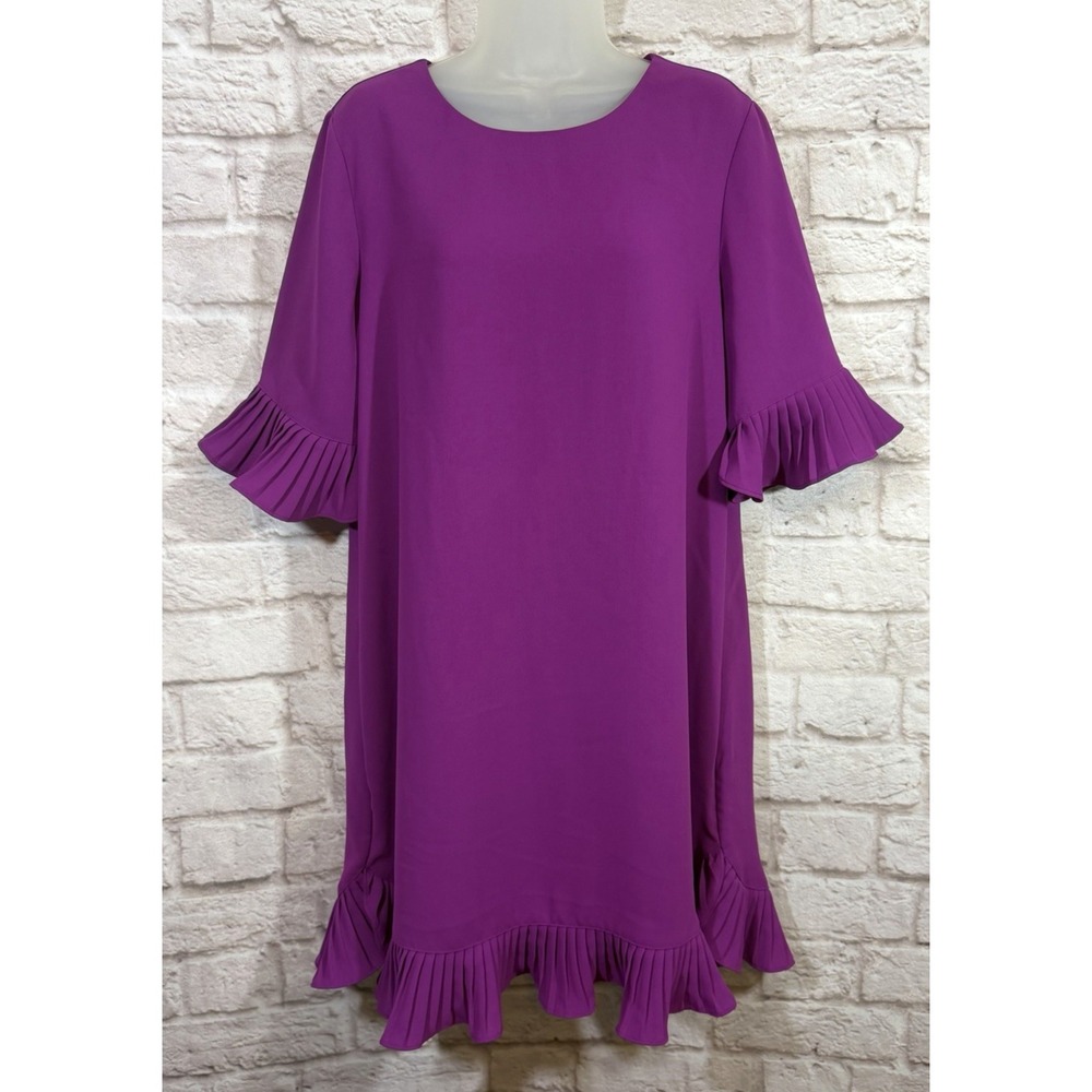 Alfani Dress Womens Size 12 Purple Pleated 3/4 Sleeve Back Zip Shift Knee Length